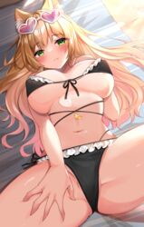  :3 animal_ear_fluff animal_ears beach_mat bikini black_bikini blonde_hair breasts breasts_apart cat_ears covered_nipples eyewear_on_head female frilled_bikini frills front-tie_bikini_top front-tie_top green_eyes hand_on_own_thigh heart heart-shaped_eyewear highres katsushika_pachi large_breasts long_hair looking_at_viewer lying mole mole_under_eye navel oerba_yun_fang on_back original side-tie_bikini_bottom smile solo spread_legs stomach string_bikini sunglasses swimsuit 