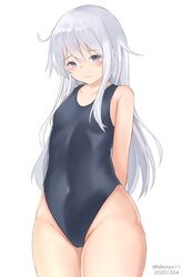  88942731ne arms_behind_back black_one-piece_swimsuit commentary_request covered_navel cowboy_shot dated embarrassed female flat_chest grey_eyes hibiki_(kancolle) highleg highleg_swimsuit highres kantai_collection long_hair looking_at_viewer one-hour_drawing_challenge one-piece_swimsuit simple_background solo standing swimsuit twitter_username white_background white_hair 