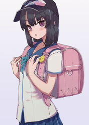  backpack bag black_hair commentary_request crime_prevention_buzzer crime_prevention_buzzer_threat female flat_chest hat highres himeragi_rinze looking_at_viewer medium_hair open_mouth randoseru reco_love reco_love_gold_beach saisho_no_nakama school_uniform simple_background skirt solo 