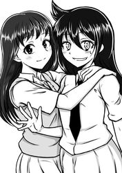  2girls arm_around_neck bad_id bad_twitter_id blush greyscale highres hirasawa_shizuku kuroki_tomoko long_hair monochrome multiple_girls necktie osumoto1 sweat sweater_vest watashi_ga_motenai_no_wa_dou_kangaetemo_omaera_ga_warui! waving 