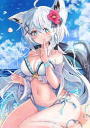  absurdres ahoge animal_ear_fluff animal_ears beach bikini blue_bikini blush braid breasts cleavage cloud cloudy_sky commentary_request day earrings female finger_to_mouth flower fox_ears fox_girl fox_shadow_puppet fox_tail green_eyes hair_between_eyes hair_flower hair_ornament hair_ribbon highres hololive index_finger_raised jewelry long_hair looking_at_viewer medium_breasts navel ocean open_clothes open_shirt outdoors pentagram ribbon shirakami_fubuki shirt sidelocks single_braid sitting sky smile solo soma443 swimsuit tail virtual_youtuber wet white_bikini white_hair white_shirt 