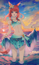  absurdres animal_ears aqua_bikini bare_shoulders bead_bracelet beads bikini blue_eyes blush bracelet braid clothes_lift cloud collarbone commentary crown_braid female flat_chest flower groin hair_flower hair_ornament half-closed_eyes highres horizon horse_ears horse_girl horse_tail jewelry long_hair looking_at_viewer navel necklace ocean official_alternate_costume official_alternate_hairstyle open_mouth outdoors red_hair ribs sarcophage sarong sarong_hold see-through see-through_sarong silence_suzuka_(emerald_on_the_waves)_(umamusume) silence_suzuka_(umamusume) solo standing stomach sunset swimsuit tail thigh_strap umamusume wading water 