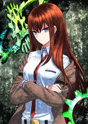  belt breasts brown_coat brown_hair closed_mouth coat collared_shirt crossed_arms dress_shirt female hair_between_eyes kaijin-m long_hair long_sleeves looking_at_viewer makise_kurisu medium_breasts necktie open_clothes open_coat purple_eyes red_necktie shirt solo steins;gate straight_hair upper_body white_belt white_shirt wing_collar 