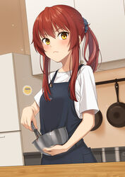  absurdres apron black_apron blush closed_mouth commentary_request cooking female frown hair_ornament highres holding kitchen long_hair looking_at_viewer original partial_commentary ponytail red_hair shirt short_sleeves sidelocks solo standing stock-world t-shirt white_shirt yellow_eyes 