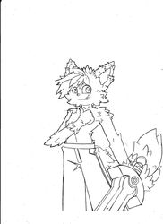  anthro bottomwear canid canine clothed clothing digital_media_(artwork) fox fur hi_res holding_object male mammal melee_weapon monochrome pants solo standing superbunnygt sword topless weapon 