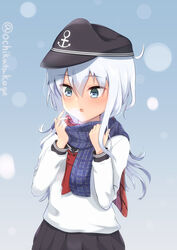  anchor_symbol black_hat black_sailor_collar black_skirt blue_eyes blue_scarf blush female flat_cap hair_between_eyes hat hibiki_(kancolle) highres kantai_collection long_hair long_sleeves neckerchief ochikata_kage open_mouth pleated_skirt red_neckerchief sailor_collar scarf school_uniform serafuku skirt solo twitter_username white_hair 