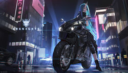  :d absurdres arknights bare_shoulders black_footwear black_jacket black_pants black_shirt boots car chinese_commentary city clothes_around_waist commentary_request copyright_name female green_eyes green_hair highres horns hoshiguma_(arknights) jacket jacket_around_waist long_hair looking_at_viewer motor_vehicle motorcycle night night_sky open_mouth pants photoshop_(medium) shirt single_horn sky sleeveless sleeveless_shirt smile solo vehicle_focus very_long_hair xtears_kitsune 