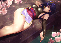  bare_shoulders breasts bridal_gauntlets cherry_blossoms commentary covered_nipples elbow_gloves english_commentary esther_shen female fingernails flower genshin_impact gloves hair_ornament long_fingernails long_hair looking_at_viewer lying medium_breasts mitsudomoe_(shape) mole mole_under_eye obi obiage obijime on_back open_mouth parted_lips petals pink_flower purple_eyes purple_flower purple_hair raiden_shogun ribbon sash sharp_fingernails single_bridal_gauntlet sleeveless solo thighs tomoe_(symbol) 