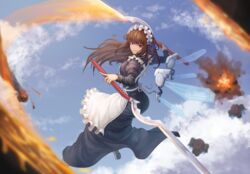  absurdres apron attack brown_hair day dress explosion female full_body grin highres ironworm last_origin long_dress long_hair looking_at_viewer maid maid_apron maid_headdress md5_mismatch midair outdoors poper_(arin_sel) red_eyes resolution_mismatch sanpaku scissors_lise sky smile solo source_smaller wings yandere 