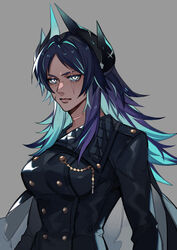  azaya_(kuroi_azaya) blue_eyes blue_hair breasts buttons closed_mouth commentary_request dark-skinned_female dark_skin female grey_background hair_intakes horns light_blue_hair lips long_hair looking_at_viewer medium_breasts multicolored_hair original parted_bangs scar scar_across_eye simple_background slit_pupils solo upper_body v-shaped_eyebrows 