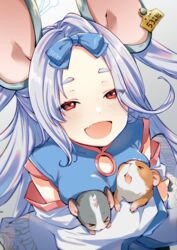  animal_ears blue_archive blue_dress bow bowtie china_dress chinese_clothes detached_sleeves dress ear_tag female forehead fujisen halo highres long_hair mouse_(animal) mouse_ears nezusuke_(blue_archive) open_mouth orange_eyes saya_(blue_archive) smile very_long_hair 