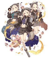  3girls :d basket belt belt_pouch blonde_hair blue_little_pig_(sinoalice) book breasts candy choker chopsticks cookie cupcake doughnut flat_chest food full_body green_little_pig_(sinoalice) grey_eyes hat ji_no large_breasts licking_lips lollipop long_hair looking_at_viewer midriff multiple_girls navel official_art open_mouth plump pouch red_little_pig_(sinoalice) sailor_collar shorts siblings sinoalice sisters skinny small_breasts smile suspenders teeth tongue tongue_out transparent_background upper_teeth_only 