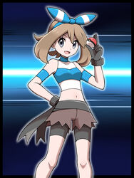  absurdres armband arrow_(symbol) bike_shorts bike_shorts_under_shorts blue_hairband bow_hairband brown_hair cosplay crop_top dialogue_box eyelashes female gloves grey_eyes hairband hand_up highres holding holding_poke_ball knees may_(pokemon) medium_hair navel open_mouth poke_ball poke_ball_(basic) poke_ball_symbol pokemon pokemon_oras shabana_may shirt shorts sleeveless sleeveless_shirt smile solo team_aqua team_aqua_grunt team_aqua_grunt_(cosplay) team_aqua_uniform trainer_wants_to_battle 