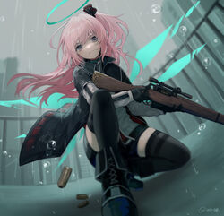  absurdres ahoge ambriel_(arknights) arknights asymmetrical_hair black_coat black_footwear black_gloves black_shorts black_thighhighs blurry boots closed_mouth coat commentary depth_of_field detached_wings female floating_hair from_below full_body gloves grey_sky gun halo highres holding holding_gun holding_weapon infection_monitor_(arknights) long_hair looking_at_viewer miike_(992058) on_one_knee one_side_up open_clothes open_coat outdoors pink_hair purple_eyes railing rain rifle shell_casing shirt short_shorts shorts sky solo thighhighs twitter_username v-shaped_eyebrows water_drop weapon white_shirt wings zettai_ryouiki 