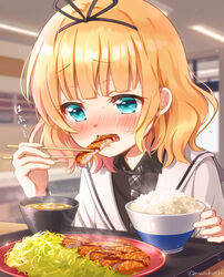  aqua_eyes black_shirt blazer blonde_hair blunt_bangs blurry blurry_background blush bowl cabbage chopsticks commentary_request eating female gochuumon_wa_usagi_desu_ka? grey_necktie jacket katsu_(food) kirima_syaro long_sleeves miso_soup mozukun43 necktie plaid_neckwear plate rice rice_bowl sailor_collar school_uniform shirt short_hair solo sweat tedeza_rize&#039;s_school_uniform tonkatsu translation_request tray wavy_hair white_jacket 