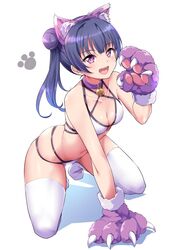  :d =d animal_ears arm_support arm_up bangs bell bell_collar bikini blunt_bangs blush breasts cat_ears cat_paws cleavage collar collarbone dark_blue_hair eyebrows_visible_through_hair female gloves halterneck highres kanabun kneeling looking_at_viewer love_live! love_live!_sunshine!! medium_breasts multi-strapped_bikini multiple_straps open_mouth paw_pose paws purple_eyes side_bun side_ponytail simple_background skindentation smile solo swimsuit thighhighs tsushima_yoshiko upper_teeth white_background white_bikini white_legwear 