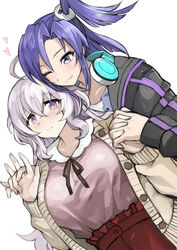  2girls ahoge blue_eyes blue_hair breasts commentary grin headphones heart holding_hands interlocked_fingers jacket kazanari_tsubasa kazanari_tsubasa_(another) large_breasts light_blush long_hair multiple_girls one_eye_closed one_side_up purple_eyes puru senki_zesshou_symphogear senki_zesshou_symphogear_xd_unlimited shirt_tucked_in simple_background smile sweater white_background white_hair yukine_chris yukine_chris_(another) yuri 