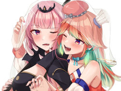  2girls bad_id bad_pixiv_id black_nails chef_hat earrings feather_earrings feathers green_hair hat headpiece highres hololive hololive_english jewelry long_hair looking_at_another mini_hat moonbell mori_calliope mori_calliope_(1st_costume) multicolored_hair multiple_girls nail_polish one_eye_closed open_mouth orange_hair pink_eyes pink_hair red_eyes red_headwear takanashi_kiara takanashi_kiara_(1st_costume) teeth two-tone_hair upper_body veil virtual_youtuber 