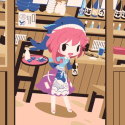  :d alcohol animal_print apron blue_apron blue_headwear blue_shirt bottle bow chibi choko_(cup) cobalta commentary_request cup female fish_print footwear_bow okunoda_miyoi open_mouth pink_hair pink_skirt restaurant sake sake_bottle shirt short_hair skirt smile solid_oval_eyes tokkuri touhou waitress whale_hat whale_print white_footwear 