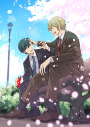  2boys :d absurdres bench black_footwear black_suit blonde_hair blue_necktie blue_sky blurry blurry_foreground bokeh bottle brown_footwear brown_suit commentary_request day depth_of_field doko_dokosan formal green_hair highres holding holding_bottle lamppost laughing long_sleeves male_focus miyasumi_tatsuru multiple_boys necktie outdoors partial_commentary red_necktie ryman&#039;s_club shiratori_mikoto_(ryman&#039;s_club) short_hair sitting sky smile socks suit 