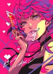  black_choker black_ribbon candy chocolate chocolate_bar choker commentary_request female food hand_up heart holding looking_at_viewer lotte_(company) mouth_hold pink_eyes pink_hair pink_theme pink_valentine pokimari ribbon ribbon_choker short_hair smile solo upper_body 