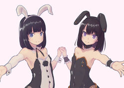  2girls animal_ears armpit_crease bare_shoulders black_hair blunt_bangs closed_mouth commentary_request flat_chest highres himenogi_rinze himeragi_rinze holding_hands looking_at_viewer love_r medium_hair multiple_girls outstretched_arms playboy_bunny rabbit_ears reco_love reco_love_gold_beach saisho_no_nakama simple_background smile upper_body 