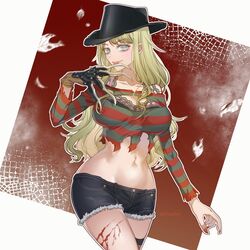  a_nightmare_on_elm_street between_fingers bishoujo_terror blood bra breasts cleavage commentary cowboy_hat crop_top curvy cutoff_jeans cutoffs cuts female freddy_krueger freddy_krueger_(bishoujo_terror) genderswap_(mtf) green_eyes green_hair hat highres holding holding_knife horror_(theme) injury knife knives_between_fingers kotobukiya_bishoujo large_breasts leaf licking licking_blade licking_finger licking_weapon light_green_hair long_hair multicolored_hair nail_polish okitafuji red_background red_nails rule_63 scratches shirt short_shorts shorts solo spider_web_print streaked_hair striped_clothes striped_shirt thighs tongue tongue_out torn_clothes torn_shirt underwear weapon 