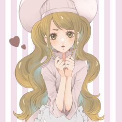  brown_eyes brown_hair charlotte_pudding chef chef_hat commentary_request earrings female hat heart hidden_eyes hiyo_(1571624) jewelry long_hair official_alternate_costume one_piece solo striped striped_background wavy_hair 