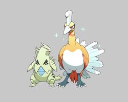  alternate_color bird claws closed_mouth commentary_request grey_background highres ho-oh komepan looking_up no_humans open_mouth pokemon pokemon_(creature) shiny_pokemon simple_background sparkle standing talons tongue tyranitar 