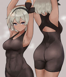  abs armpits arms_up ass bea_(pokemon) black_hairband black_ribbon blush breasts cla_(finesoda) collarbone covered_navel cowboy_shot dark-skinned_female dark_skin female grey_background hair_ribbon hairband highres looking_at_viewer md5_mismatch medium_breasts multiple_views parted_lips photoshop_(medium) pokemon pokemon_swsh ribbon short_hair simple_background thighs white_hair 