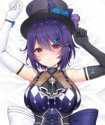  aogiri_koukou asymmetrical_gloves bare_shoulders bed_sheet black_gloves black_headwear blue_hair bob_cut breast_mousepad breasts closed_mouth elbow_gloves female gloves hair_between_eyes hair_ornament hairclip hat highres large_breasts looking_at_viewer lying mismatched_gloves mousepad_(medium) on_back otodama_tamako red_eyes reisen_balrog short_hair smile virtual_youtuber white_gloves 