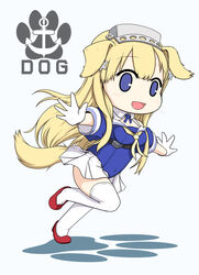  animal_ears blonde_hair blue_eyes blue_shirt breasts cleavage commentary_request dog_ears dog_tail female fletcher_(kancolle) full_body hairband highres kantai_collection kemonomimi_mode large_breasts logo long_hair neckerchief off_shoulder outstretched_arms pleated_skirt running sailor_collar school_uniform serafuku shirt simple_background skirt solo tail thighhighs white_background white_sailor_collar white_skirt white_thighhighs yakuto007 yellow_neckerchief 