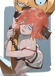  a.b.a akisa_yositake bags_under_eyes bandages bare_shoulders blood blood_on_clothes blue_eyes border chains collarbone female guilty_gear guilty_gear_xx highres key key_in_head looking_at_viewer object_through_head open_mouth orange_hair paracelsus_(guilty_gear) restrained sharp_teeth short_hair solo stitched_mouth stitches teeth twitter_username white_border 