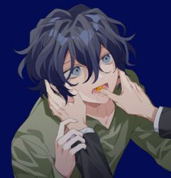  2boys black_hair black_jacket blue_background green_shirt grey_eyes hand_in_another&#039;s_mouth harada_minoru holding_another&#039;s_wrist jacket long_sleeves male_focus multiple_boys open_mouth saibou_shinkyoku sakuraihum shirt short_hair teeth tongue utsugi_noriyuki wavy_hair white_shirt 