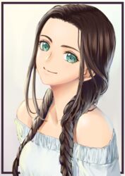  bare_shoulders braid brown_hair closed_mouth female framed green_eyes hair_over_shoulder highres kaijin-m long_hair looking_at_viewer low_twintails off-shoulder_shirt off_shoulder original shirt smile solo twin_braids twintails upper_body white_shirt 