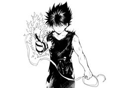  1boy arm_tattoo bandages bare_shoulders dragon_tattoo fingernails greyscale hair_between_eyes hiei_(yu_yu_hakusho) highres holding_bandages ikuchan_kaoru male_focus monochrome open_hand parted_lips simple_background smile solo spiked_hair tattoo third_eye torn torn_clothes white_background yu_yu_hakusho 