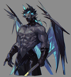  1boy abs asymmetrical_horns azaya_(kuroi_azaya) bara black_hair black_mask blue_eyes blue_hair collarbone colored_skin commentary_request cowboy_shot cropped_legs demon_boy demon_horns demon_wings glowing_horns grey_background grey_skin holding horns large_pectorals light_blue_hair long_hair male_focus mask mismatched_horns multicolored_hair muscular muscular_male navel nipples original pectorals signature simple_background solo standing topless_male two-tone_hair wings 