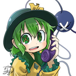  bad_id bad_twitter_id bandaid black_hat bow chamaji commentary_request eyeball female frilled_shirt_collar frilled_sleeves frills green_eyes green_hair hair_between_eyes hat hat_bow holding holding_phone komeiji_koishi looking_at_viewer lowres mary-san partial_commentary phone profile_picture shirt short_hair sidelocks signature solo string symbol-shaped_pupils third_eye touhou upper_body white_background x_x yellow_bow yellow_shirt 