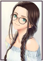  bare_shoulders black-framed_eyewear braid brown_hair closed_mouth female framed glasses green_eyes hair_over_shoulder highres kaijin-m long_hair looking_at_viewer low_twintails off-shoulder_shirt off_shoulder original shirt smile solo twin_braids twintails upper_body white_shirt 