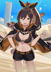  ;d black_shorts breasts brown_hair cleavage commission desert falken_(yutozin) female green_eyes hand_on_own_hip highres large_breasts looking_at_viewer navel one_eye_closed open_mouth pixiv_commission re:zero_kara_hajimeru_isekai_seikatsu shaula_(re:zero) shorts smile solo standing thighs 