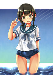  ass_visible_through_thighs black_hair blue_sailor_collar blue_sky border breasts female fubuki_(kancolle) hair_between_eyes highres kantai_collection looking_at_viewer low_ponytail neckerchief ocean open_mouth outdoors ponytail sailor_collar school_swimsuit school_uniform see-through serafuku short_ponytail sky small_breasts smile solo straddling swimsuit swimsuit_under_clothes unomi v wading water wet wet_clothes white_border yellow_eyes 