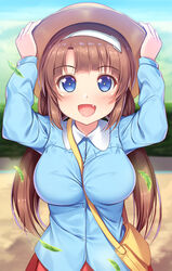  adjusting_clothes adjusting_headwear between_breasts blue_eyes blush breasts brown_hair commentary commentary_typo falling_leaves female hat kageira kindergarten_uniform large_breasts leaf long_hair long_sleeves looking_at_viewer low_twintails minori_(senran_kagura) oerba_yun_fang open_mouth senran_kagura skirt smile smock solo twintails upper_body 