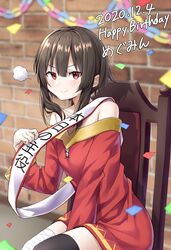  asymmetrical_legwear bandaged_leg bandages bare_shoulders birthday_sash black_thighhighs blurry blurry_background brick_wall chair character_name collarbone commentary confetti dated dress female happy_birthday highres kiona_(giraffe_kiona) kono_subarashii_sekai_ni_shukufuku_wo! megumin mismatched_legwear paper_chain puff_of_air red_dress red_eyes sash short_hair_with_long_locks shoulder_sash single_thighhigh sitting smile thighhighs translated 