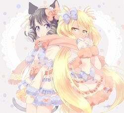  2girls animal_ears bell blonde_hair blue_eyes blue_hair bow cat_ears cat_girl cat_tail covering_own_mouth cowboy_shot cyan_(show_by_rock!!) dress drill_hair glasses hairband hairbow jingle_bell kamo_(purin) long_hair looking_at_another looking_to_the_side medium_hair multiple_girls retoree_(show_by_rock!!) scarf shared_clothes shared_scarf show_by_rock!! simple_background tail very_long_hair winter_clothes winter_gloves yellow_eyes yuri 