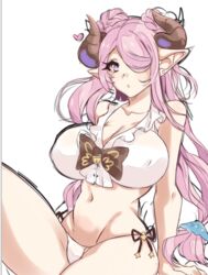  bikini blush breasts cleavage covered_nipples draph earrings female granblue_fantasy groin hair_over_one_eye horns jewelry large_breasts leg_up long_hair looking_at_viewer low_tied_hair low_twintails mr-poritan narmaya_(granblue_fantasy) narmaya_(summer)_(granblue_fantasy) navel pink_eyes pink_hair pointy_ears side-tie_bikini_bottom sitting solo stud_earrings swimsuit symbol-shaped_pupils twintails white_background white_bikini 