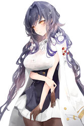  absurdres azuma_(azur_lane) azur_lane black_gloves black_hair black_legwear blush breasts commentary_request female flower gloves hair_between_eyes hair_flower hair_ornament hairclip highres jacket jacket_on_shoulders large_breasts lielac long_hair looking_at_viewer photoshop_(medium) solo very_long_hair 