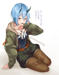  bad_id bad_pixiv_id blue_eyes blue_hair blush breasts female hair_between_eyes heterochromia horns io_(pso2) light_blue_hair looking_at_viewer nyanmaru_(ememing) open_mouth orange_eyes pantyhose phantasy_star phantasy_star_online_2 short_hair shorts small_breasts solo tattoo translation_request 