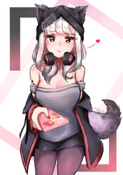  animal_ears arknights bare_shoulders beanie black_hat black_pantyhose boots breasts cleavage closed_mouth coat commentary_request ears_through_headwear eyebrows female frostleaf_(arknights) grey_shirt hat headphones heart jacket looking_at_viewer material_growth medium_breasts medium_hair open_clothes open_coat open_jacket oripathy_lesion_(arknights) pantyhose red_coat red_eyes red_jacket red_nails red_sleeves rokuuso shirt skirt smile solo tail twitter_username valentine white_hair 