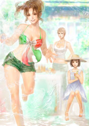  3girls ahoge axis_powers_hetalia bad_id bad_pixiv_id barefoot bikini bikini_top_only bikini_under_clothes black_eyes black_hair blonde_hair blue_eyes breasts brown_eyes brown_hair cleavage commentary_request crop_top cup cutoffs dog_tags dress drink flag_print front-tie_top genderswap_(mtf) germany_(hetalia) hat holding italian_flag italian_flag_bikini japan_(hetalia) jewelry large_breasts long_hair lotus_(elico) midriff multiple_girls navel necklace northern_italy_(hetalia) open_fly open_mouth parted_lips photoshop_(medium) ponytail print_bikini realistic rule_63 sandals short_hair short_shorts shorts sitting smile splashing sun_hat sundress swimsuit tank_top unzipped wading white_dress 