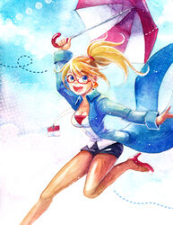  alternate_costume blonde_hair commentary earrings female forecast_janna glasses high_heels janna_(league_of_legends) jewelry league_of_legends miniskirt mizoreame name_tag open_mouth ponytail skirt solo umbrella 